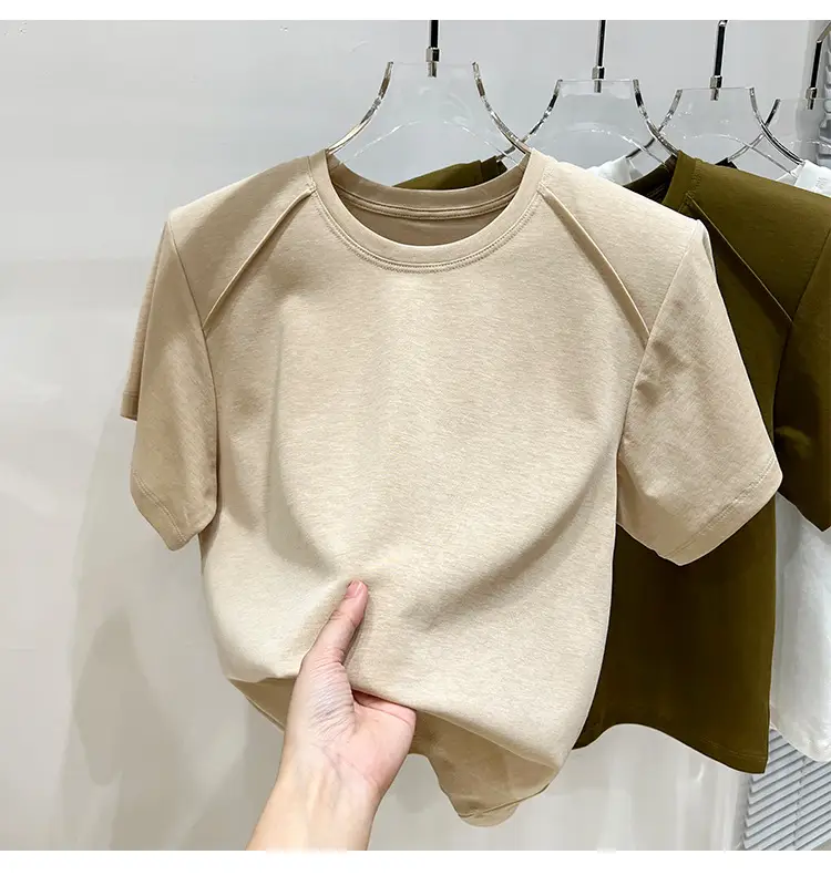 Women's New Style Shoulder Short Sleeve T-Shirt Beige — feature 19