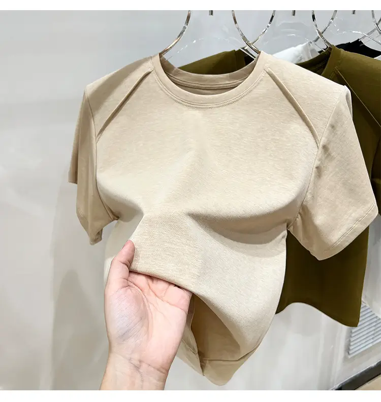 Women's New Style Shoulder Short Sleeve T-Shirt Beige — feature 20