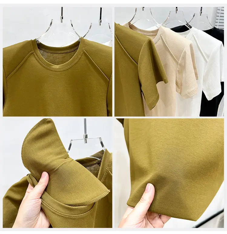 Women's New Style Shoulder Short Sleeve T-Shirt Beige — feature 4