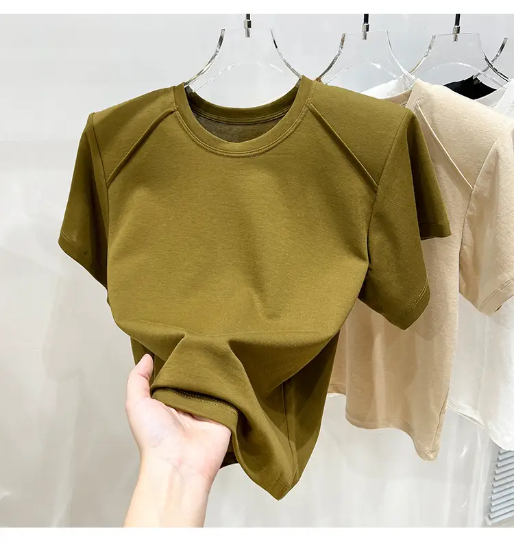 Women's New Style Shoulder Short Sleeve T-Shirt Beige — feature 8