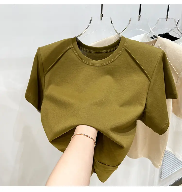 Women's New Style Shoulder Short Sleeve T-Shirt Beige — feature 9