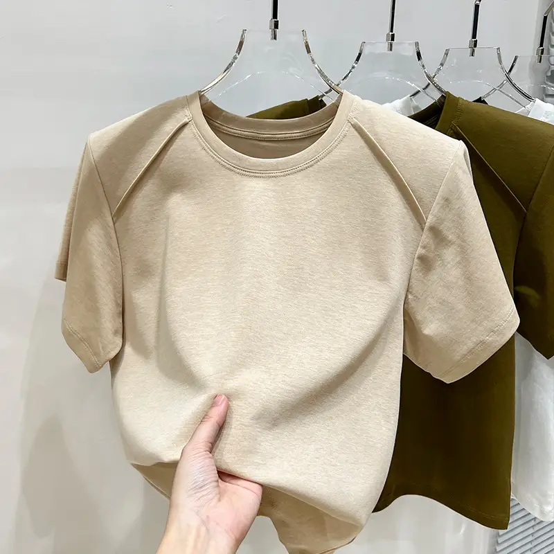 Women's New Style Shoulder Short Sleeve T-Shirt Beige - Image 3