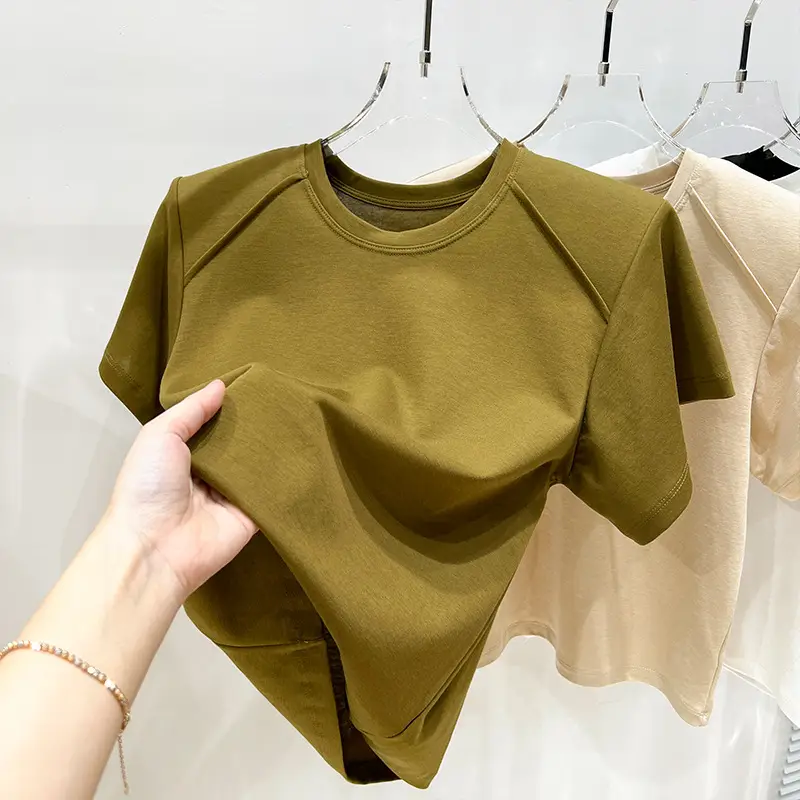 Women's New Style Shoulder Short Sleeve T-Shirt Beige - Image 4