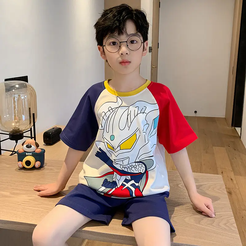 Cute Cartoon Boys Pajamas Summer Cotton Shorts Set