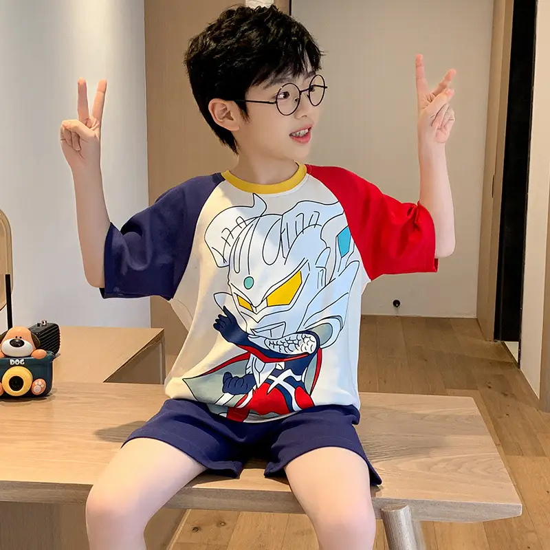Cute Cartoon Boys Pajamas Summer Cotton Shorts Set