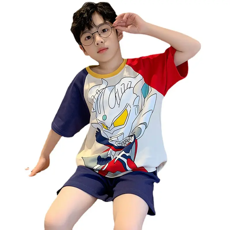 Cute Cartoon Boys Pajamas Summer Cotton Shorts Set