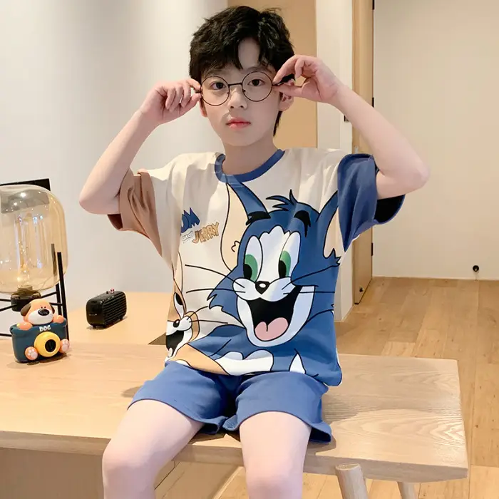 Cute Cartoon Boys Pajamas Summer Cotton Shorts Set