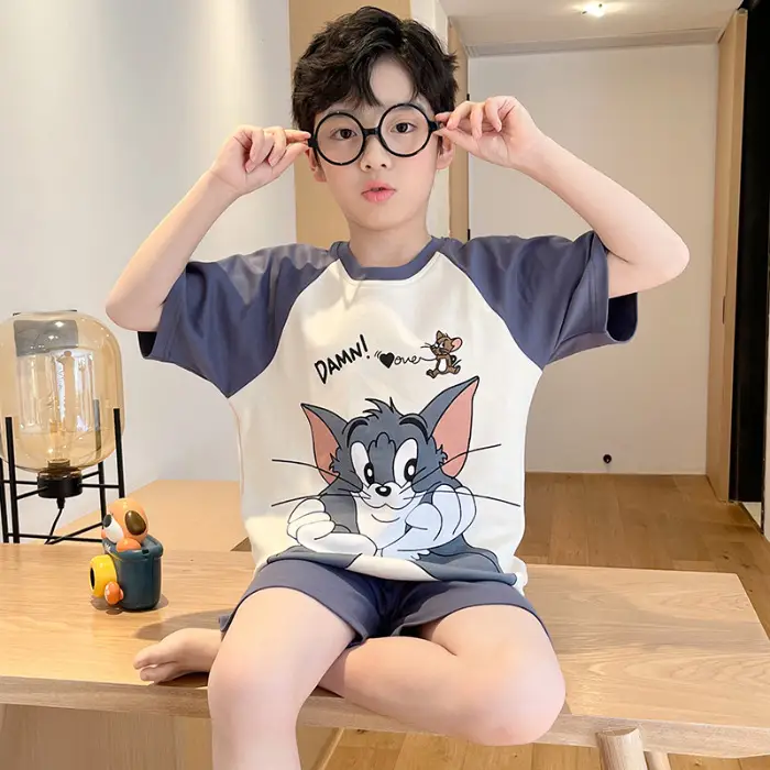 Cute Cartoon Boys Pajamas Summer Cotton Shorts Set
