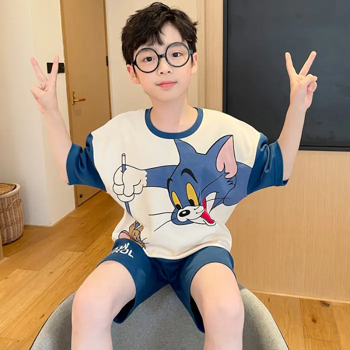 Cute Cartoon Boys Pajamas Summer Cotton Shorts Set