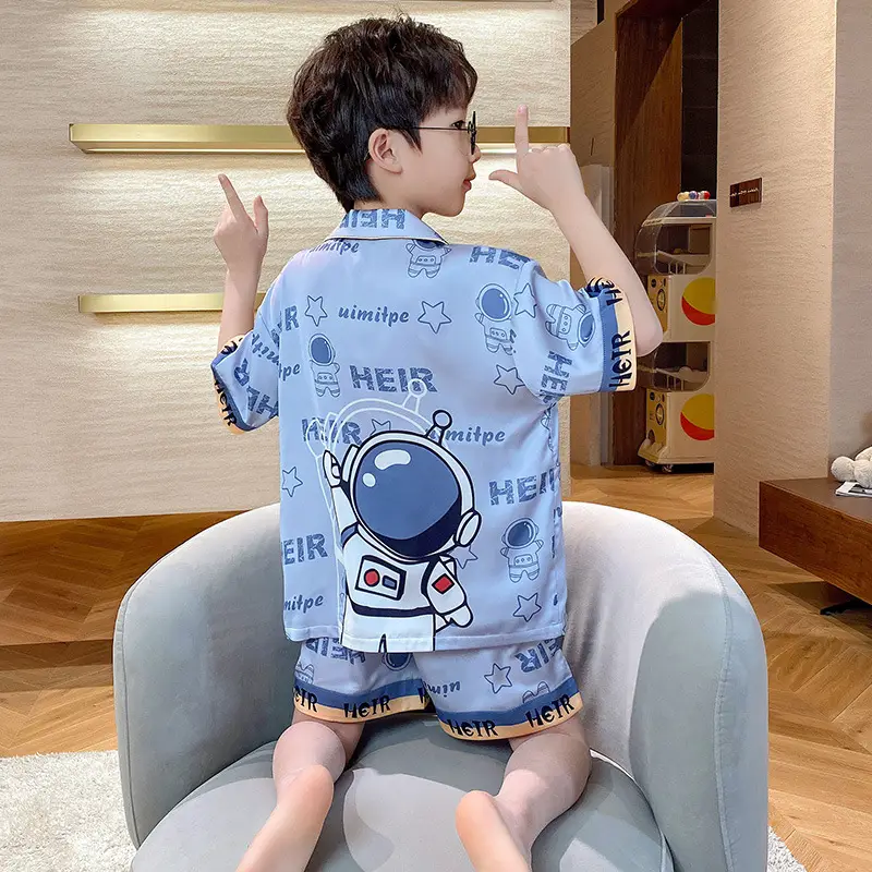 Children's Ice Silk Pajamas Boys Summer Short Sleeve Cartoon Set Medium Large - Image 2