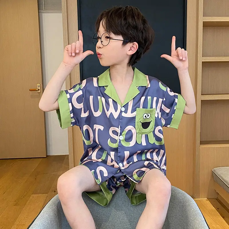 Children's Ice Silk Pajamas Boys Summer Short Sleeve Cartoon Set Medium Large - Image 3