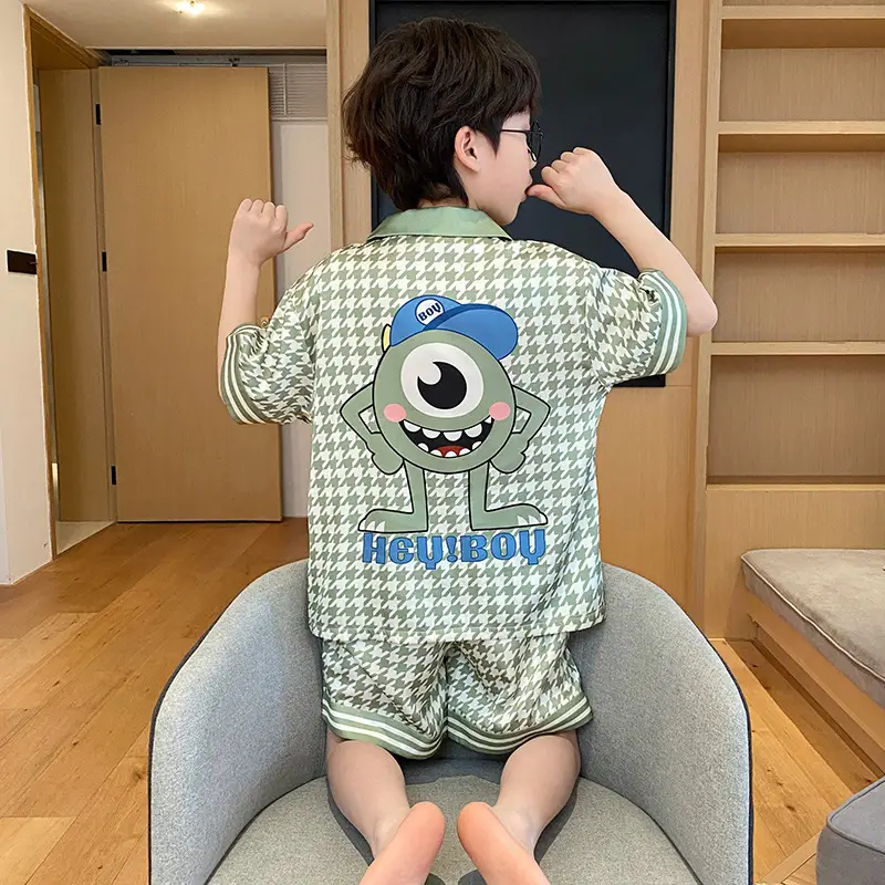 Children's Ice Silk Pajamas Boys Summer Short Sleeve Cartoon Set Medium Large - Image 4
