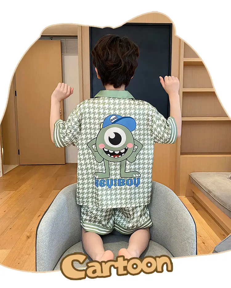 Children's Ice Silk Pajamas Boys Summer Short Sleeve Cartoon Set Medium Large — feature 10