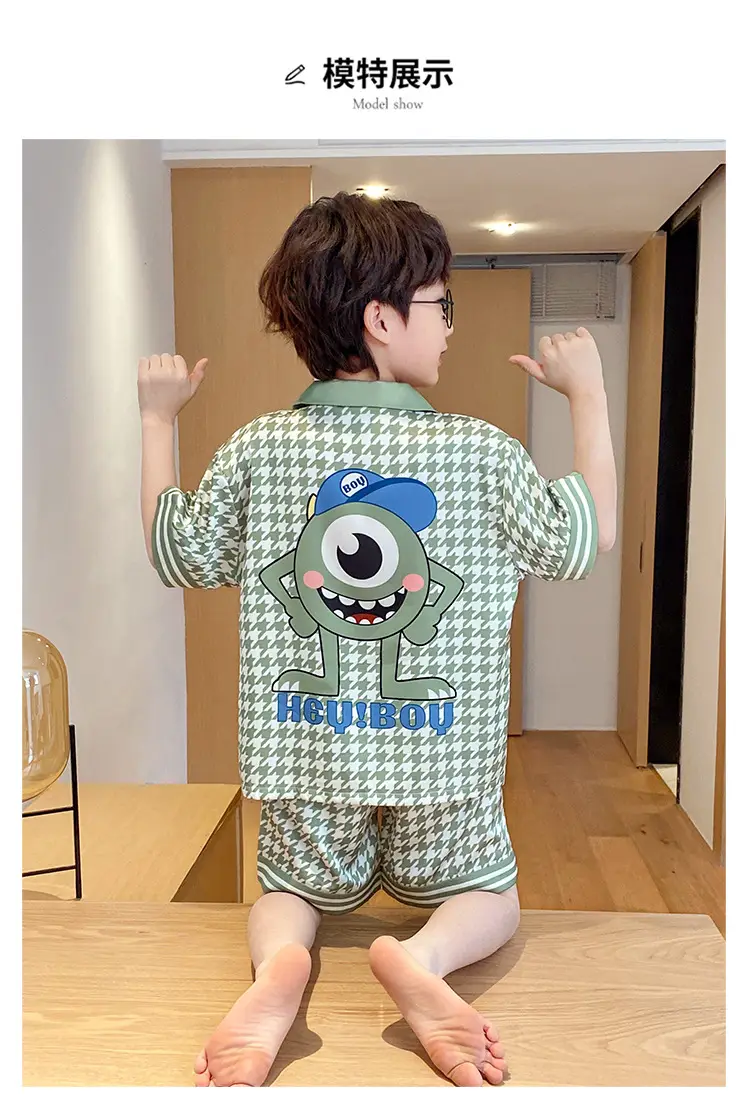 Children's Ice Silk Pajamas Boys Summer Short Sleeve Cartoon Set Medium Large — feature 11