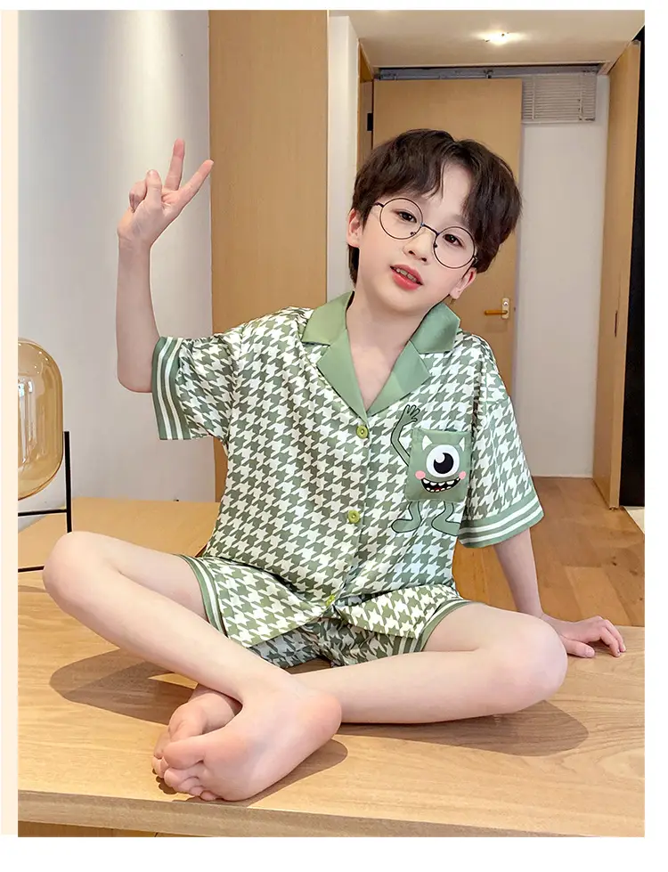 Children's Ice Silk Pajamas Boys Summer Short Sleeve Cartoon Set Medium Large — feature 12