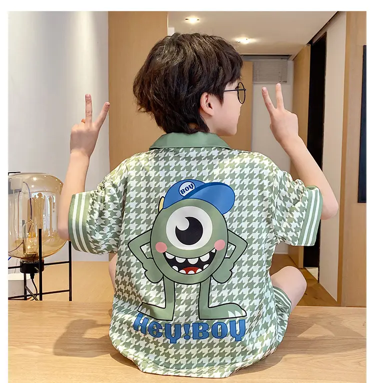 Children's Ice Silk Pajamas Boys Summer Short Sleeve Cartoon Set Medium Large — feature 13