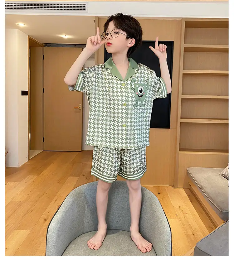 Children's Ice Silk Pajamas Boys Summer Short Sleeve Cartoon Set Medium Large — feature 14