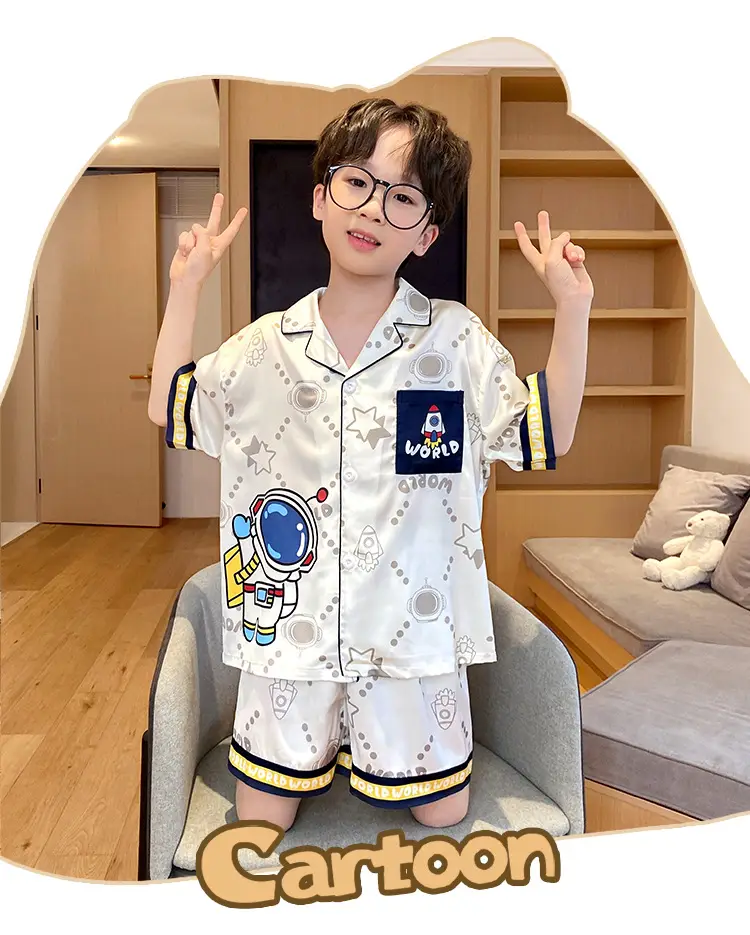 Children's Ice Silk Pajamas Boys Summer Short Sleeve Cartoon Set Medium Large — feature 2