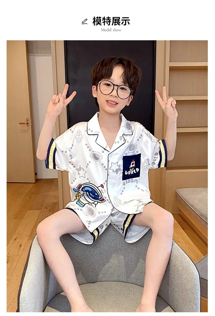 Children's Ice Silk Pajamas Boys Summer Short Sleeve Cartoon Set Medium Large — feature 4