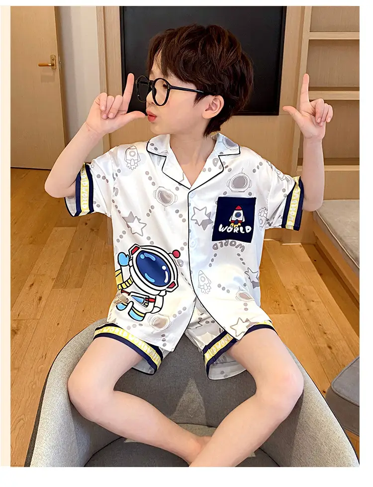 Children's Ice Silk Pajamas Boys Summer Short Sleeve Cartoon Set Medium Large — feature 5