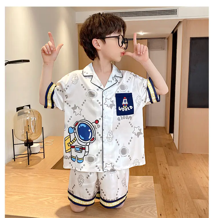 Children's Ice Silk Pajamas Boys Summer Short Sleeve Cartoon Set Medium Large — feature 6