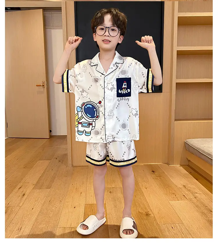 Children's Ice Silk Pajamas Boys Summer Short Sleeve Cartoon Set Medium Large — feature 7