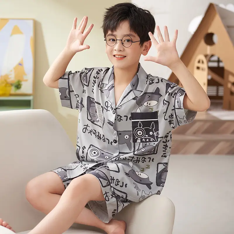 Children's Ice Silk Pajamas Boys Summer Short Sleeve Cartoon Set Medium Large - Image 10