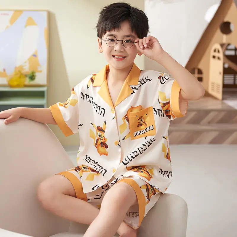 Children's Ice Silk Pajamas Boys Summer Short Sleeve Cartoon Set Medium Large - Image 11