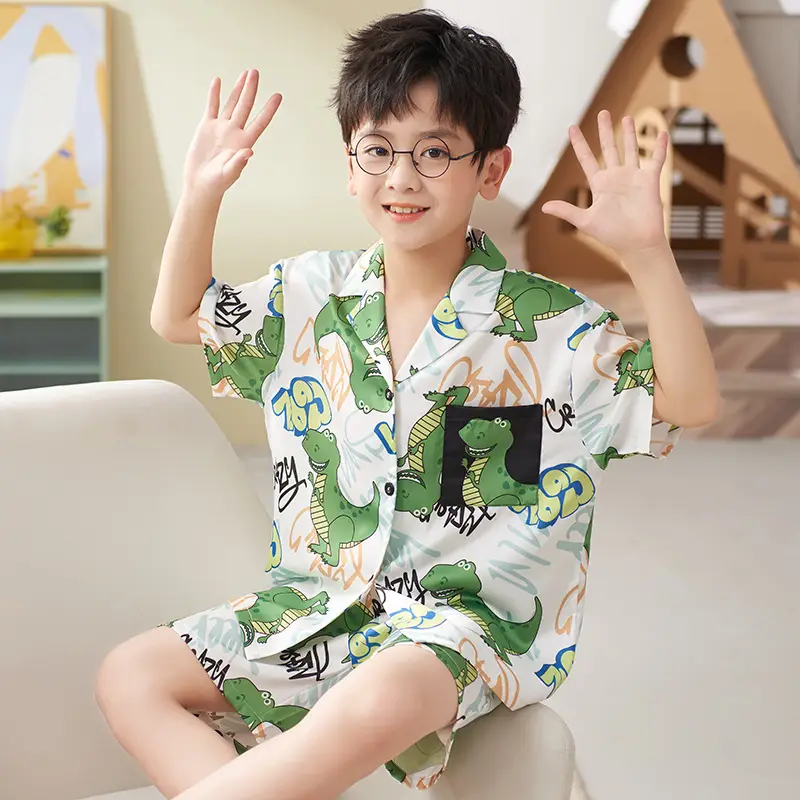 Children's Ice Silk Pajamas Boys Summer Short Sleeve Cartoon Set Medium Large - Image 12