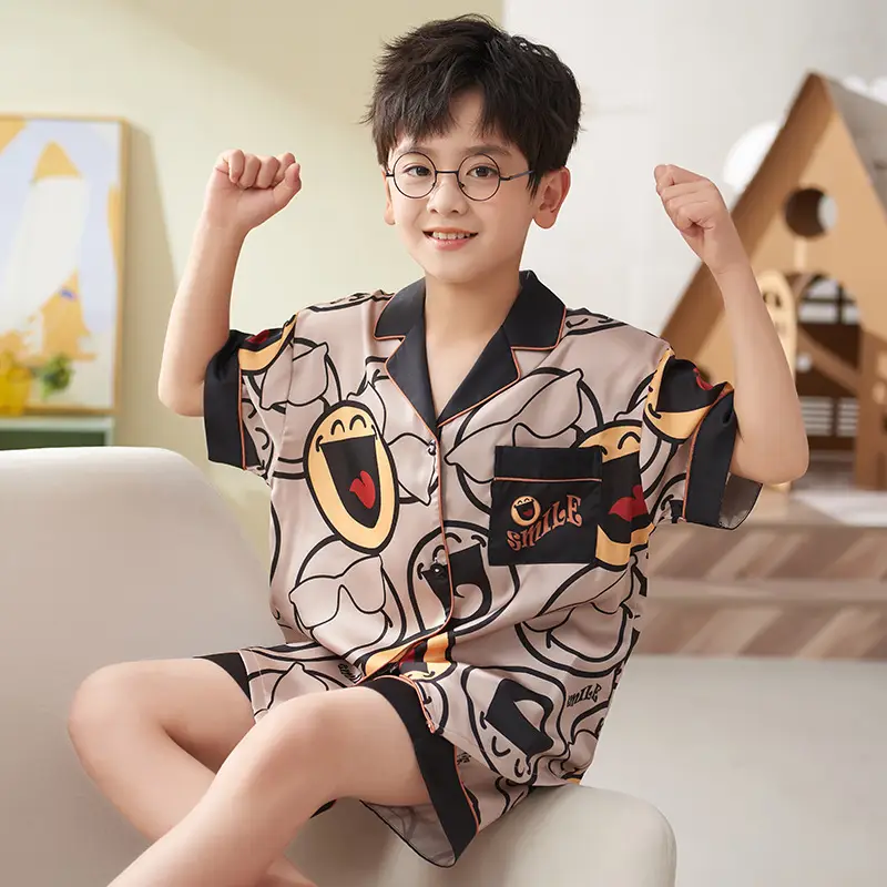Children's Ice Silk Pajamas Boys Summer Short Sleeve Cartoon Set Medium Large - Image 13