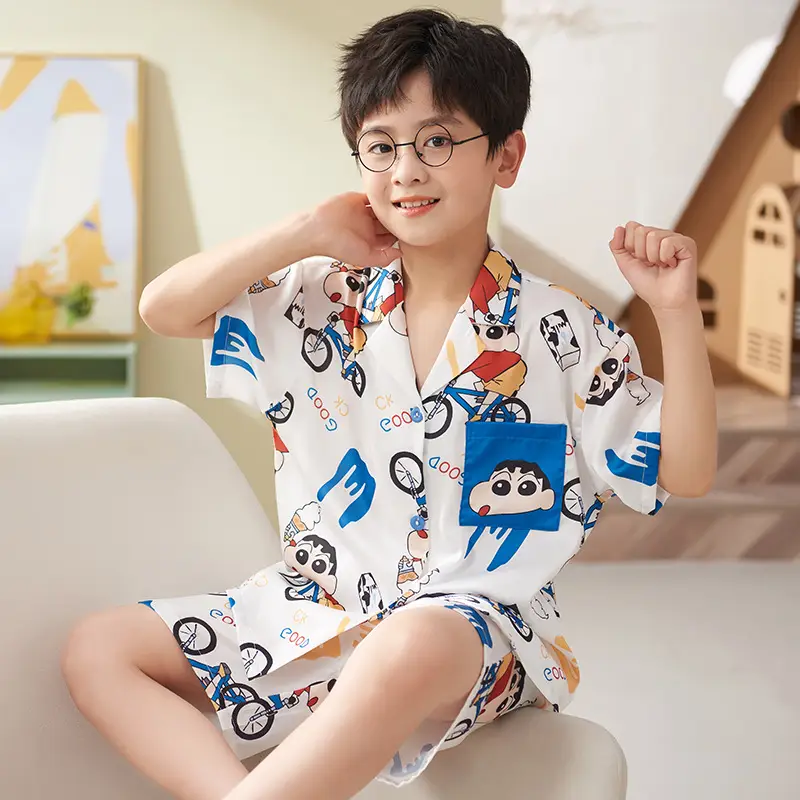 Children's Ice Silk Pajamas Boys Summer Short Sleeve Cartoon Set Medium Large - Image 15