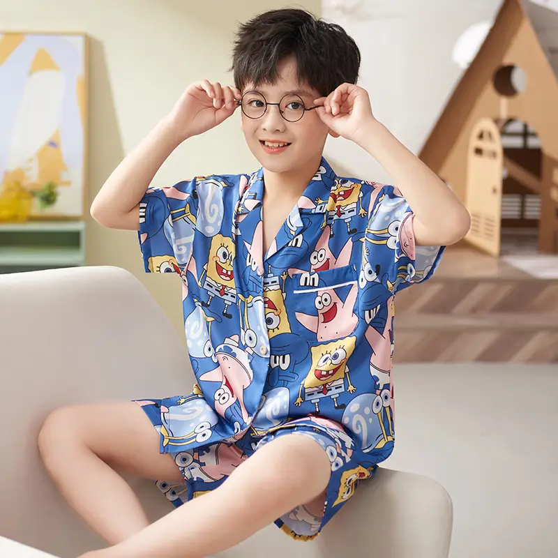 Children's Ice Silk Pajamas Boys Summer Short Sleeve Cartoon Set Medium Large - Image 16