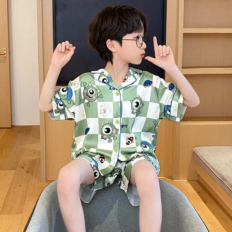 Children's Ice Silk Pajamas Boys Summer Short Sleeve Cartoon Set Medium Large - Image 5