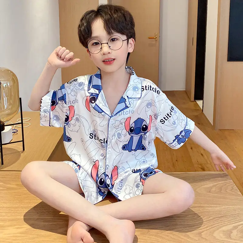 Children's Ice Silk Pajamas Boys Summer Short Sleeve Cartoon Set Medium Large - Image 7