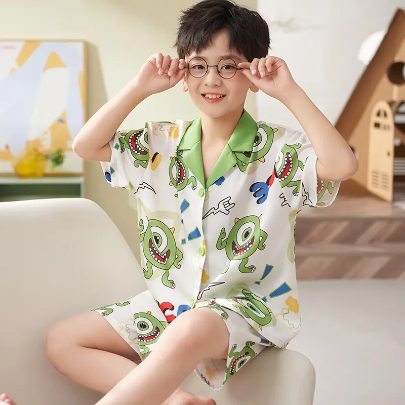 Children's Ice Silk Pajamas Boys Summer Short Sleeve Cartoon Set Medium Large - Image 8