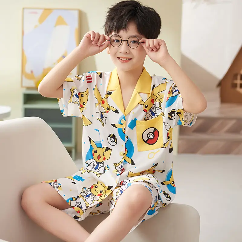 Children's Ice Silk Pajamas Boys Summer Short Sleeve Cartoon Set Medium Large - Image 9