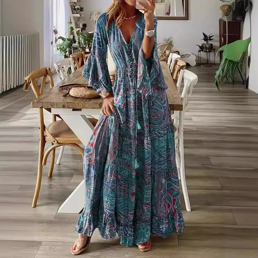 2023 Bell Sleeve Printed V-Neck Long Dress Women - Image 8