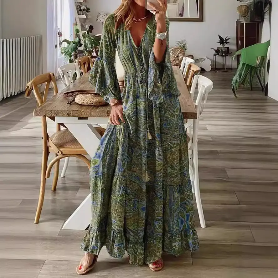 2023 Bell Sleeve Printed V-Neck Long Dress Women - Image 9