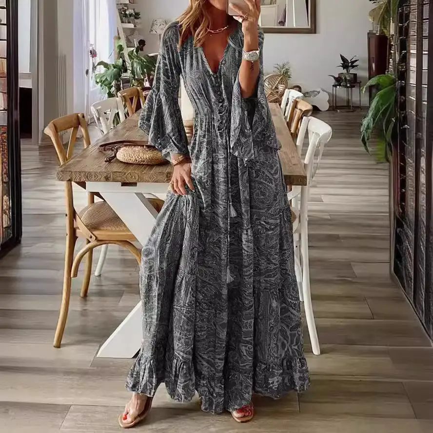 2023 Bell Sleeve Printed V-Neck Long Dress Women - Image 10
