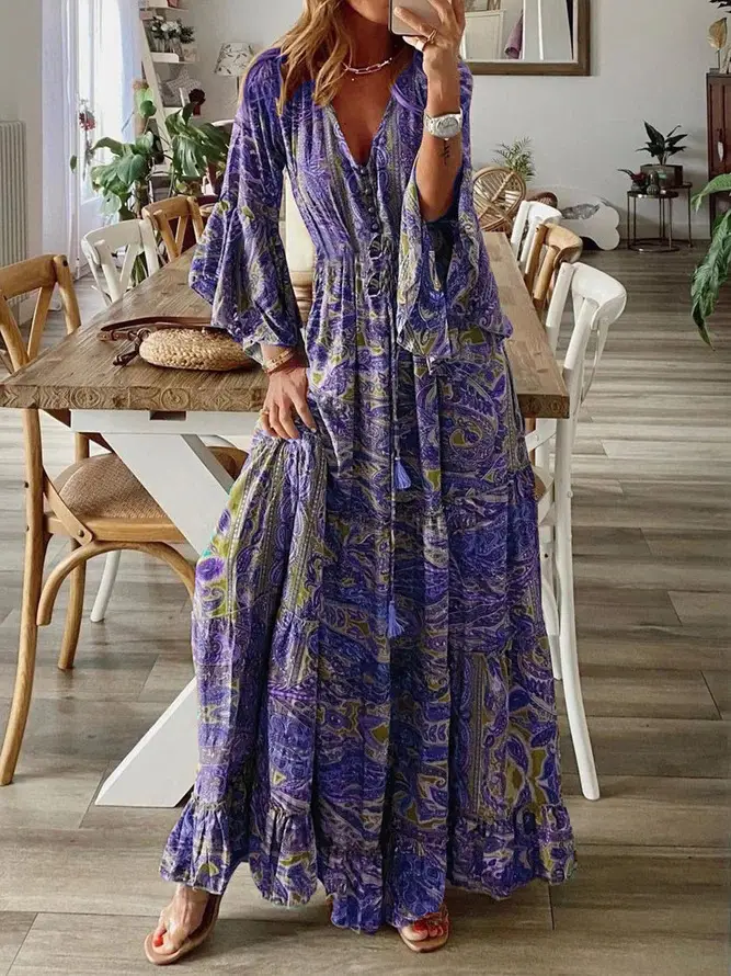 2023 Bell Sleeve Printed V-Neck Long Dress Women - Image 4