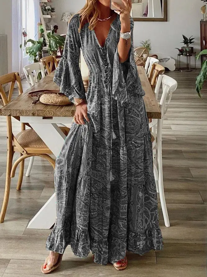 2023 Bell Sleeve Printed V-Neck Long Dress Women - Image 5