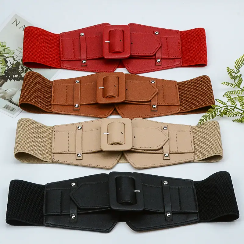 Japanese Women's Brown Elastic Waist Belt with Square Buckle - Image 6