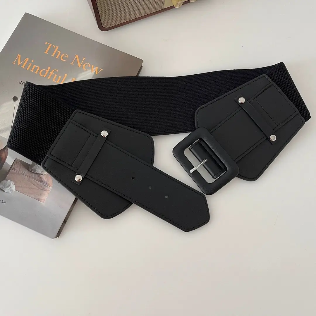 Japanese Women's Brown Elastic Waist Belt with Square Buckle - Image 7
