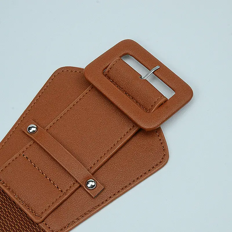 Japanese Women's Brown Elastic Waist Belt with Square Buckle - Image 8