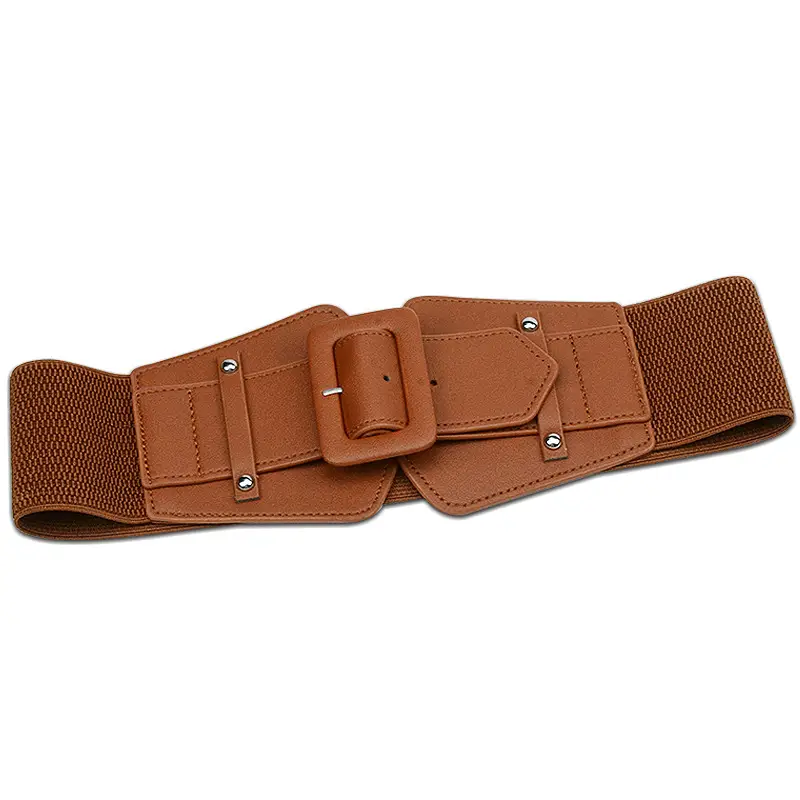 Japanese Women's Brown Elastic Waist Belt with Square Buckle - Image 9