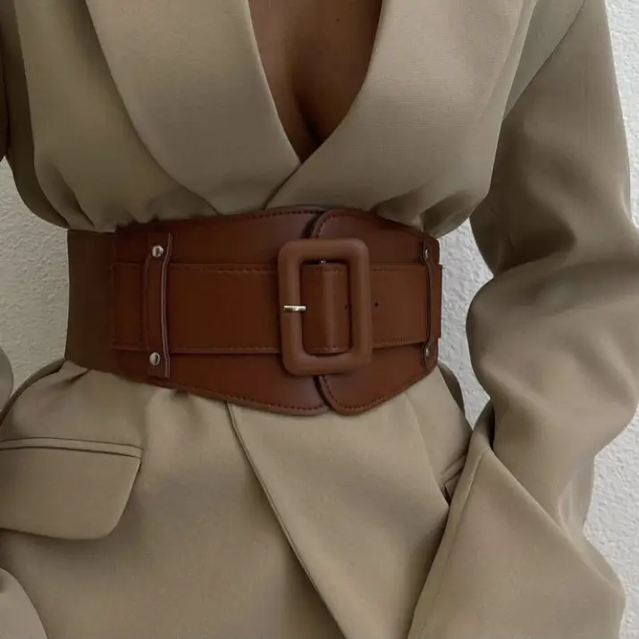 Japanese Women's Brown Elastic Waist Belt with Square Buckle β feature 4