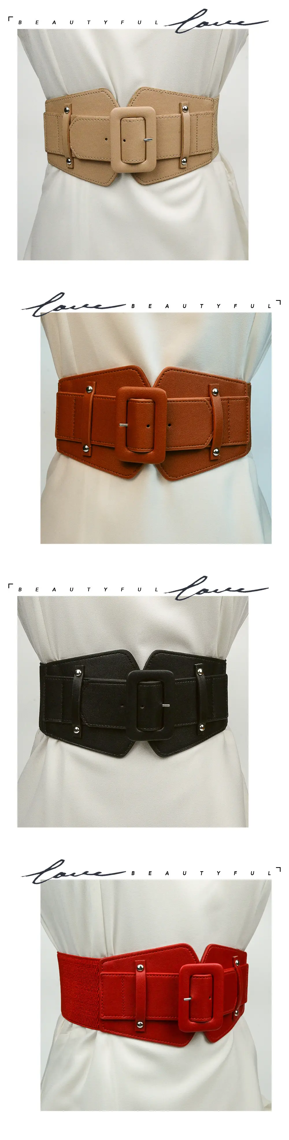 Japanese Women's Brown Elastic Waist Belt with Square Buckle β feature 5
