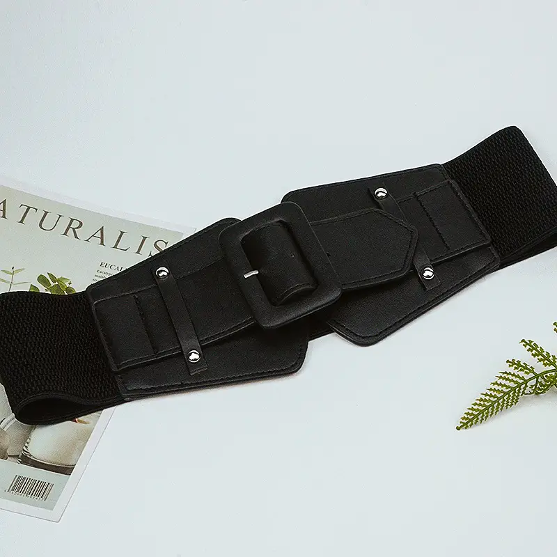 Japanese Women's Brown Elastic Waist Belt with Square Buckle