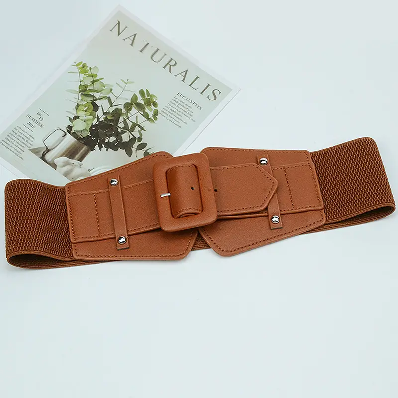 Japanese Women's Brown Elastic Waist Belt with Square Buckle - Image 2