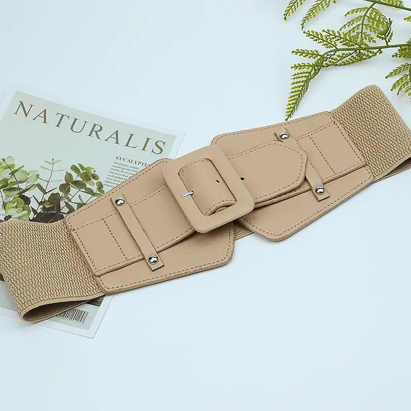 Japanese Women's Brown Elastic Waist Belt with Square Buckle - Image 3